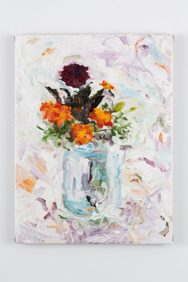 A messy oil painting of red and orange flowers in a glass jar.