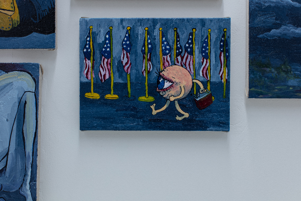 A painting of a cartoony eyeball man walking in front of a row of flags, carrying a gas can.
