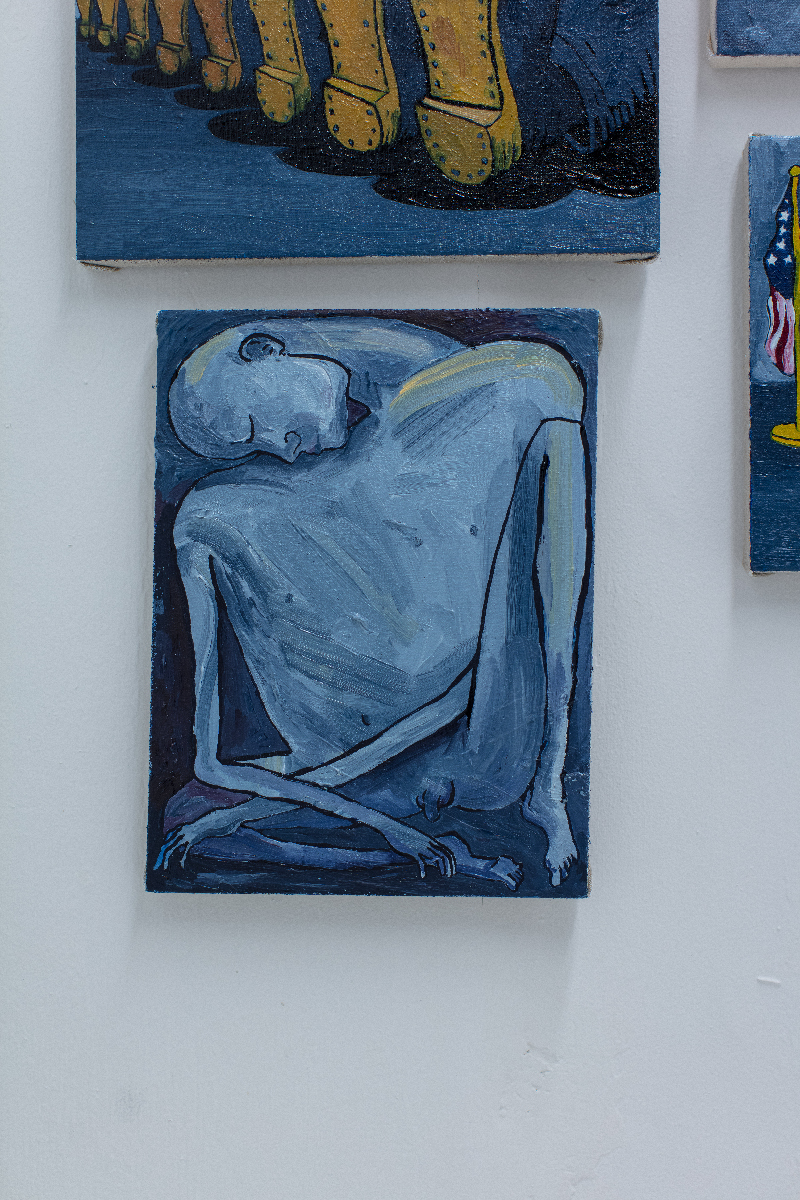 A painting of a distorted nude male figure.