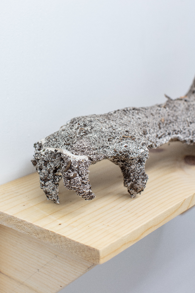 Detail of plaster sculpture resembling a clenching hand