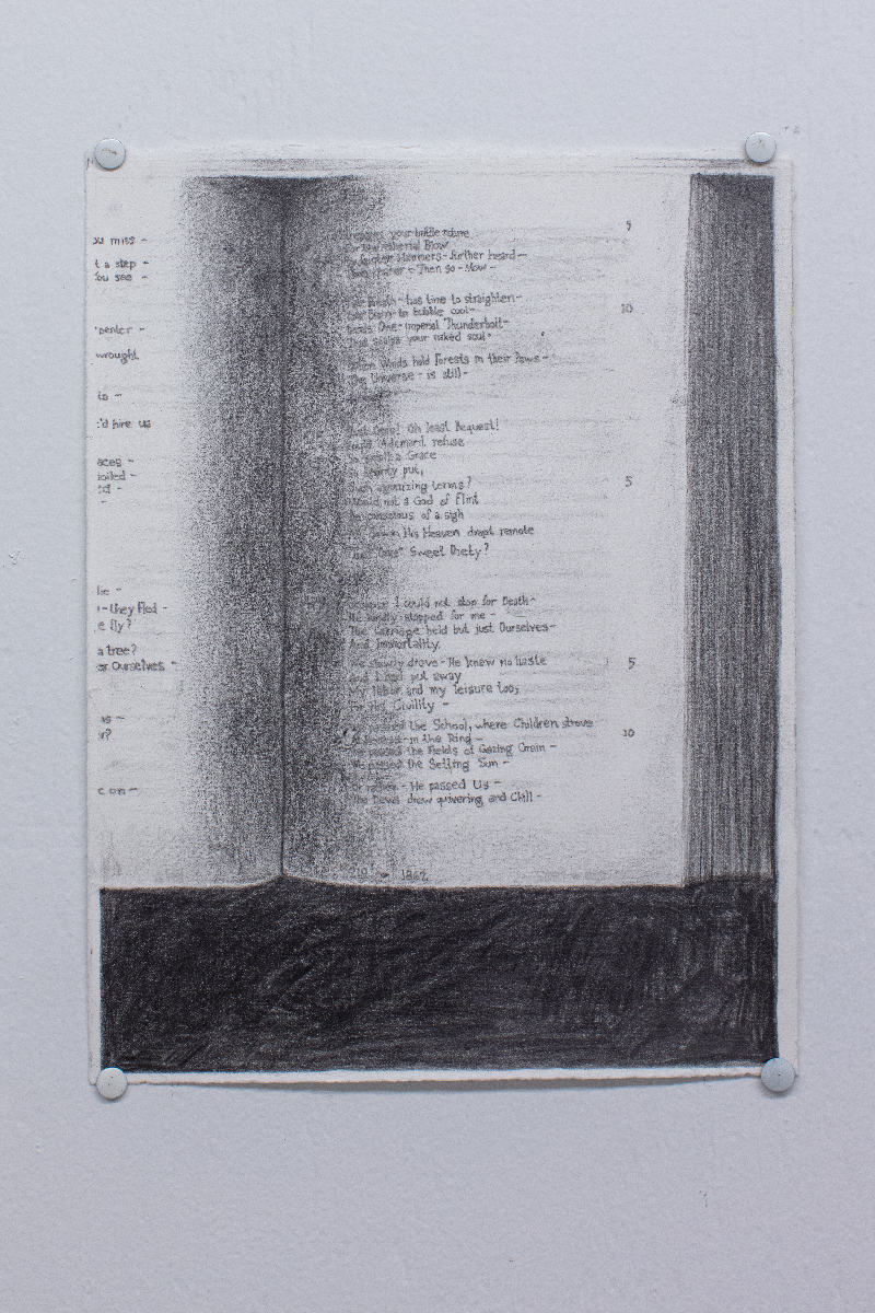 A drawing in pencil of a photocopied page from a book of poems