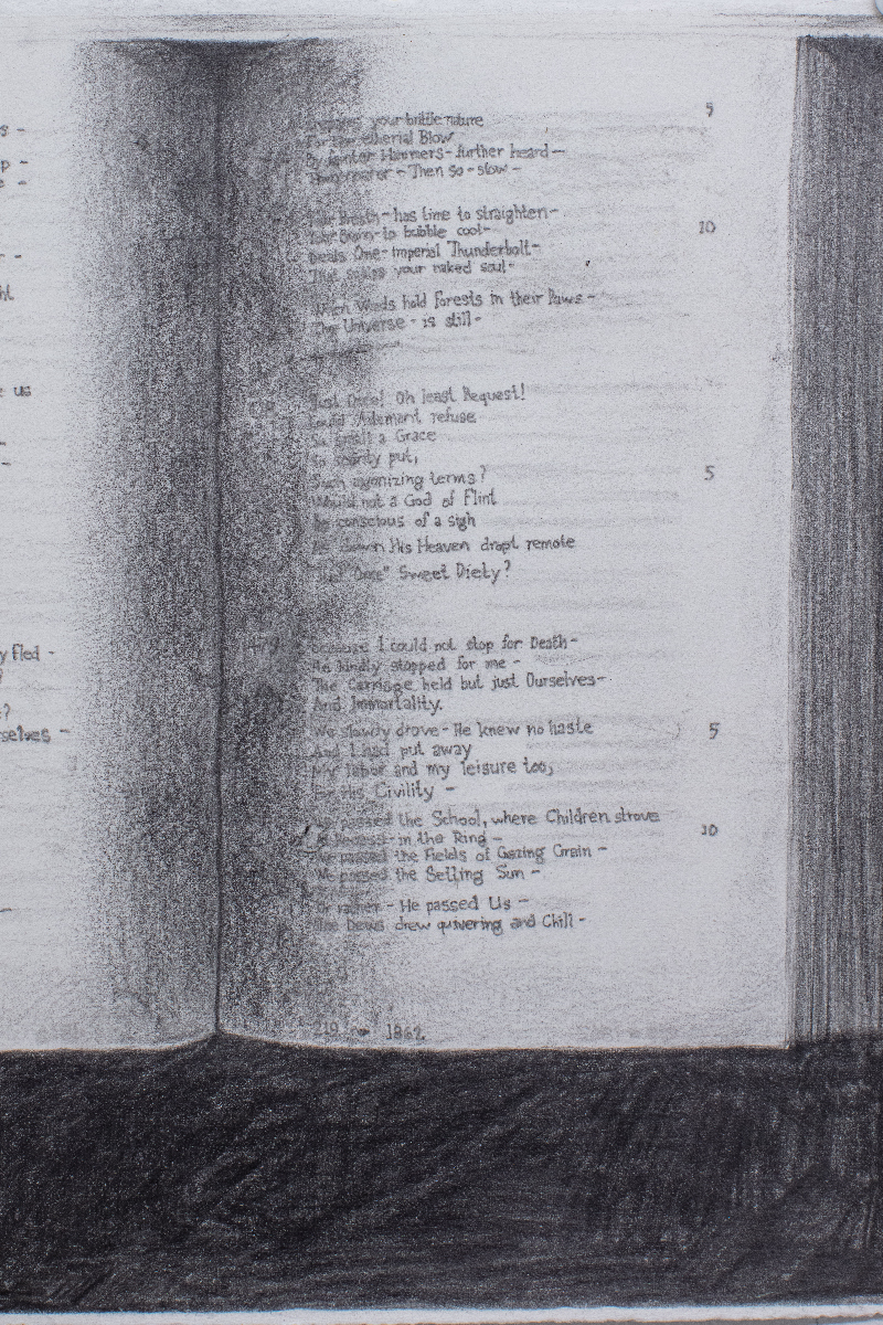 A close up view of A drawing in pencil of a photocopied page from a book of poems