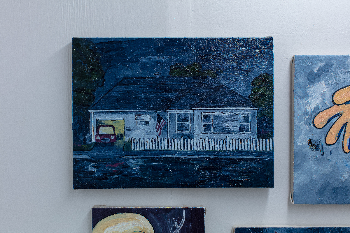 A painting mostly in hues of blue of a suburban house
