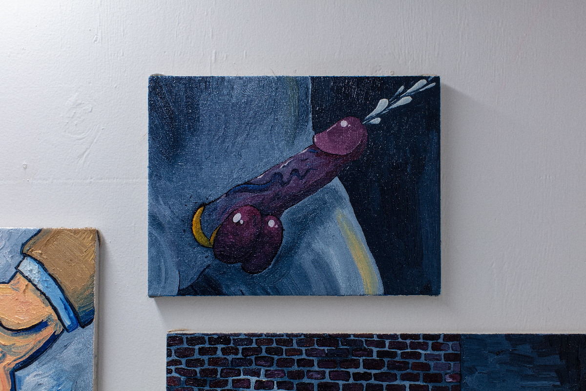 A painting of an erect penis wearing brass-hued cock-rings, ejaculating, in a cartoony style.