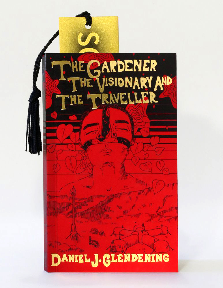 Book with a red and black cover with an illustration of a face over a martian landscape. Title in gold, The Gardener, the Visionary, and the Traveller